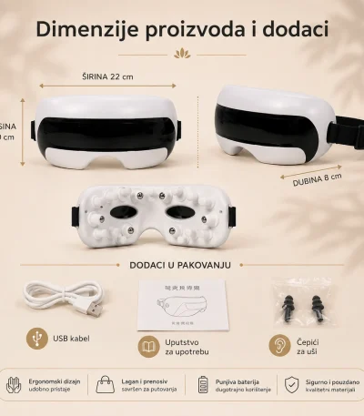 Eye Massager M075 dimenzije proizvoda i dodaci u pakovanju