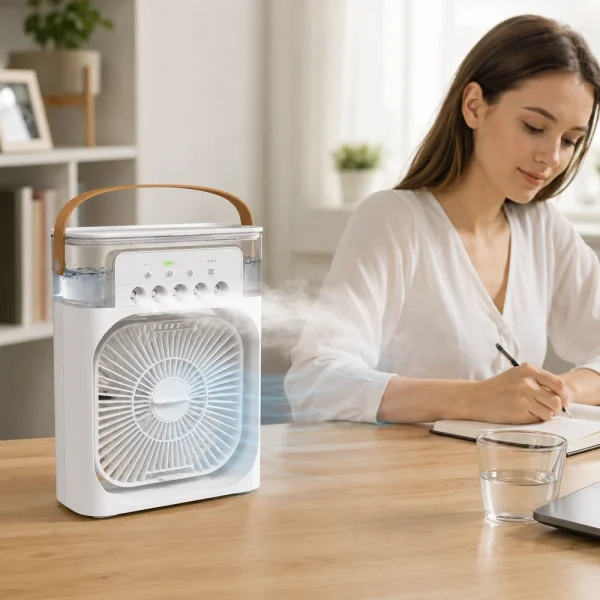 Mini Cooling Fan u funkciji na radnom stolu sa hladnim zrakom i vodom