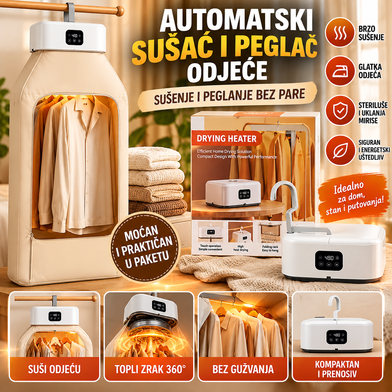 Automatski sušač i peglač odjeće – prenosivi uređaj